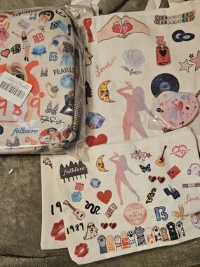 Taylor Swift Themed Sticker Print Tote & Pouches - Pink White Accents